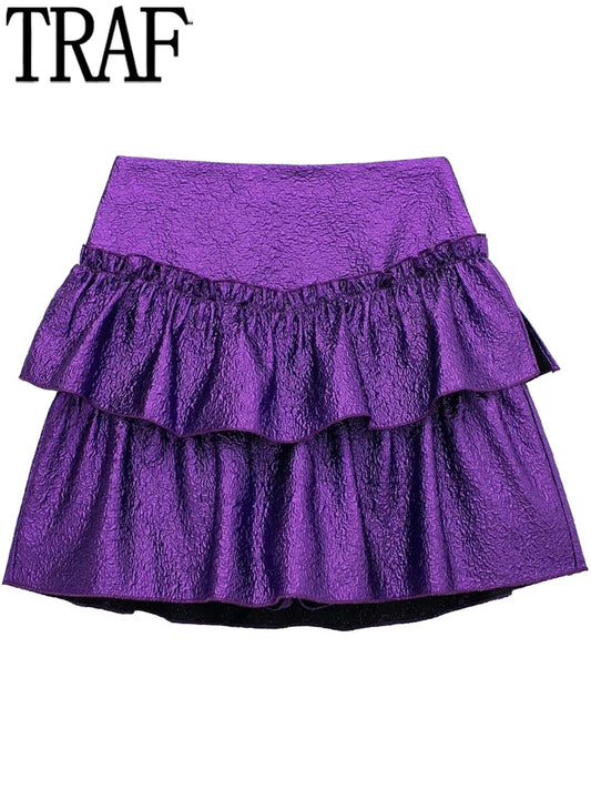 TRAF Purple Ruffle Skirt Women High Waist Short Skirt Woman Ruched Mini Skirts Womens 2022 Fashion Streetwear Women&#39;s Skort